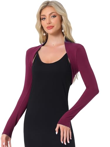 Allegra K Damen Bolero Langarm Festlich Crop Strick Jacke Einfarbig Baumwolle Elegant Schulterjacke Weinrot M von Allegra K