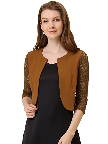 Allegra K Damen Festlich Spitze Bolero 3/4 Ärmel Rundhals Durchsichtig Shrug Elegant Jäckchen Braun XS von Allegra K