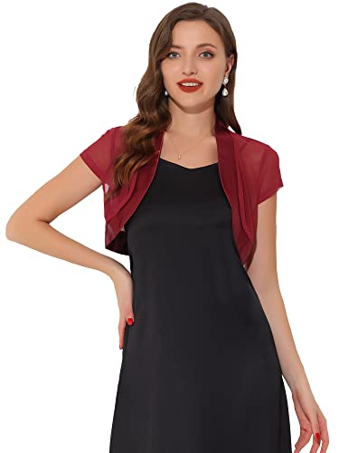 Allegra K Damen Bolero Kurzarm Offen Durchsichtig Mesh Crop Jacke Tüll Satin Boleros Burgund M von Allegra K