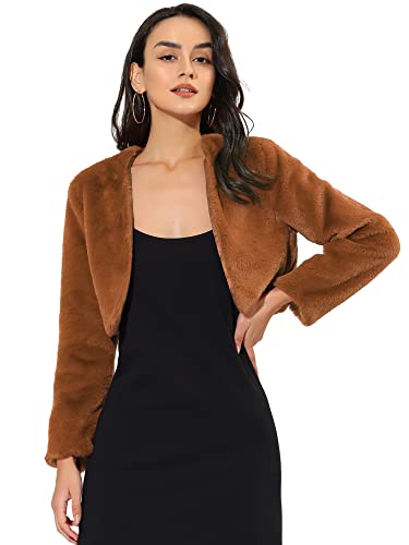 Allegra K Damen Bolero Langarm Braut Winterjacke Kurz Geschnittene Offenem Fell Kunstpelz Hochzeits Mantel Braun XS von Allegra K
