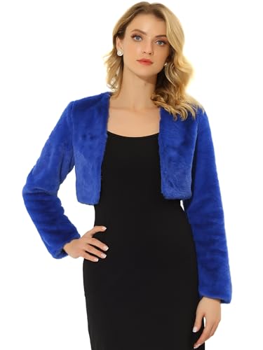 Allegra K Damen Bolero Langarm Braut Winterjacke Kurz Geschnittene Offenem Fell Kunstpelz Hochzeits Mantel Königsblau XL von Allegra K
