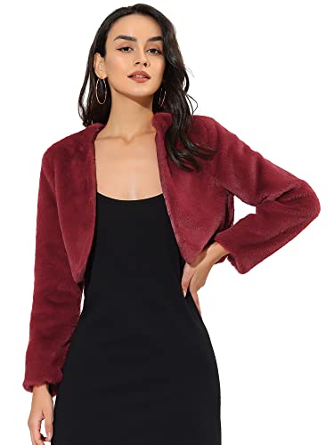 Allegra K Damen Bolero Langarm Braut Winterjacke Kurz Geschnittene Offenem Fell Kunstpelz Hochzeits Mantel Weinrot L von Allegra K
