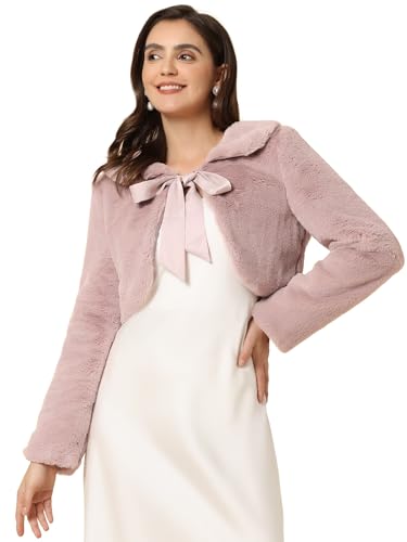 Allegra K Damen Bolero Langarm Bubikragen Kunstpelz Fliege Flauschige Shrug Bolero Jacke Altrosa XS von Allegra K