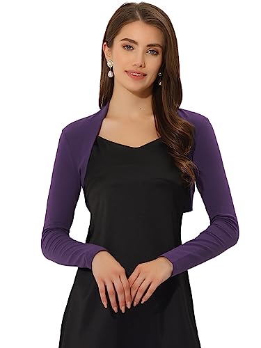 Allegra K Damen Bolero Festlich Langarm Crop Strickjacke Einfarbig Baumwolle Elegant Schulterjacke Dunkel Lila L von Allegra K