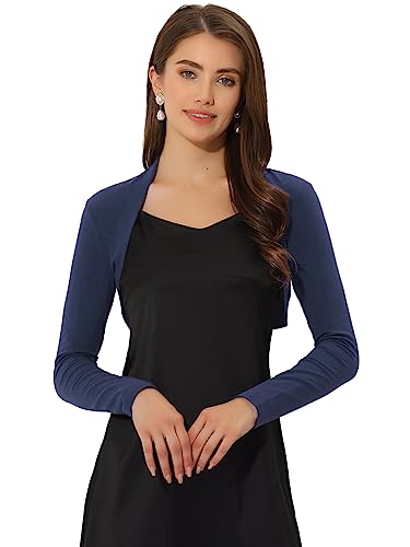 Allegra K Damen Bolero Festlich Langarm Crop Strickjacke Einfarbig Baumwolle Elegant Schulterjacke Dunkelblau XL von Allegra K