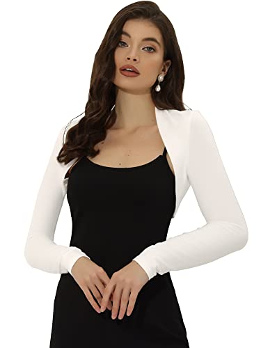 Allegra K Damen Bolero Langarm Festlich Crop Strick Jacke Einfarbig Baumwolle Elegant Schulterjacke Weiß M von Allegra K