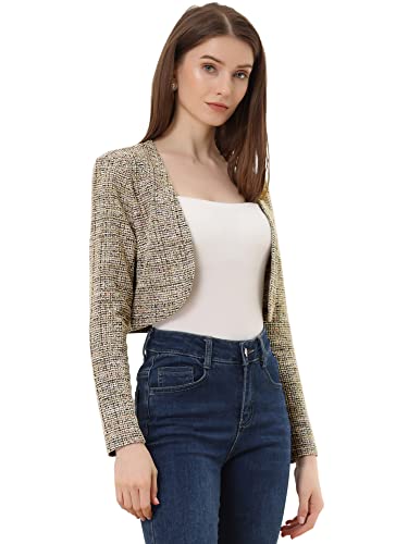 Allegra K Damen Bolero Langarm Vintage Tweed Strickjacke Kariert Offen Vorderseite Oberteile Schwarz-Beige L von Allegra K