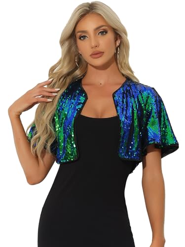 Allegra K Damen Bolero Pailletten Glitzer Shrug Party Crop Jacke Schwarz Blau Grün M von Allegra K