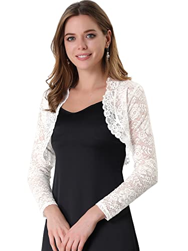 Allegra K Damen Bolero Sheer Spitze Shrug Bolero Lange Ärmel Open Front Cardigan - Weiß - Mittel von Allegra K