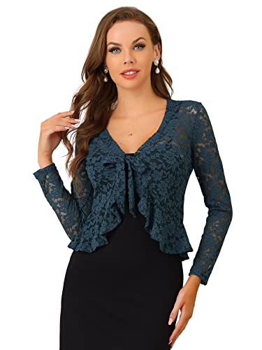 Allegra K Damen Bolero Shrugs Spitze Shrug Langarm Floral Crop Cardigans, Dunkelblau/Grau, 34 von Allegra K