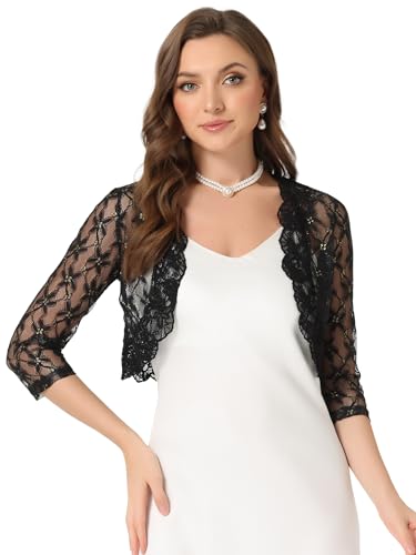 Allegra K Damen Bolero 3/4 Ärmel Hochzeit Elegant Sheer Floral Spitzen Shrug Strickjacke Schwarz XS von Allegra K