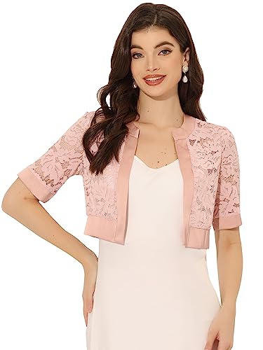 Allegra K Damen Boleros Kurzarm Spitze Bolero Satin Panel Offen Front Crop Cardigan Shrug Grau Rosa L von Allegra K