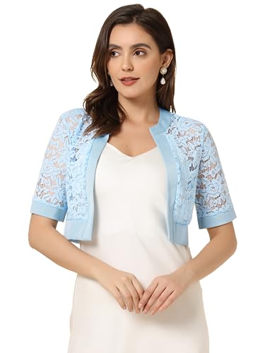 Allegra K Damen Boleros Kurzarm Spitze Bolero Satin Panel Offen Front Crop Cardigan Shrug Hell Blau M von Allegra K