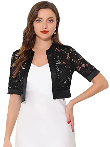 Allegra K Damen Boleros Kurzarm Spitze Bolero Satin Panel Offen Front Crop Cardigan Shrug Schwarz M von Allegra K