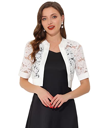 Allegra K Damen Boleros Kurzarm Spitze Bolero Satin Panel Offen Front Crop Cardigan Shrug Weiß S von Allegra K