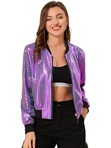 Allegra K Damen Bomberjacke, glitzernd, holografisch, metallisch, leicht, glänzend, Violett 1, X-Large von Allegra K