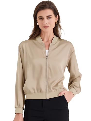 Allegra K Damen Bomberjacke Blouson Casual Jacke mit Reißverschluss Langärm Leichtes Outwear Champagner XS von Allegra K