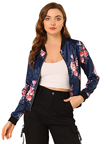 Allegra K Damen Frühling Sommer Bomberjacke Blumenmuster Reißverschluss Jacket Dunkelblau XS von Allegra K