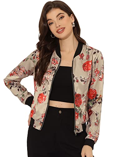 Allegra K Damen Frühling Sommer Bomberjacke Blumenmuster Reißverschluss Jacket Khaki Rot Blumen XS von Allegra K