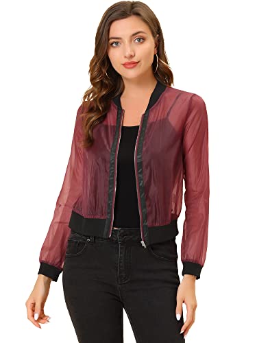 Allegra K Damen Sommer Jacke Langarm Reißverschluss Durchsichtige Transparente Leichte Bomberjacke Rot M von Allegra K