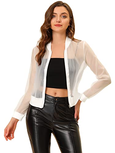 Allegra K Damen Sommer Jacke Langarm Reißverschluss Durchsichtige Transparente Leichte Bomberjacke Weiß S von Allegra K