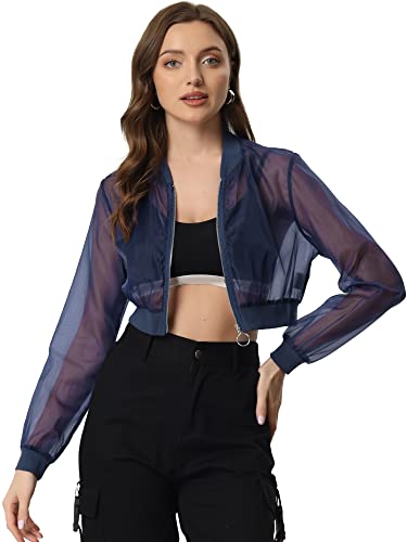 Allegra K Damen Bomberjacke Langarm Crop Bomber Lässig Reißverschluss Mesh Durchsichtig Jacke Blau XS von Allegra K