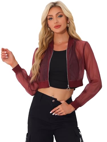 Allegra K Damen Bomberjacke Langarm Crop Bomber Lässig Reißverschluss Mesh Durchsichtig Jacke Burgunderrot XS von Allegra K
