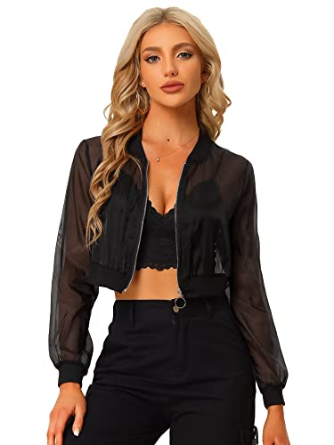 Allegra K Damen Bomberjacke Langarm Crop Bomber Lässig Reißverschluss Mesh Durchsichtig Jacke Schwarz M von Allegra K