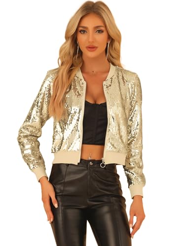 Allegra K Damen Bomberjacke Langarm Glitzer Pailletten Party Jacke Aprikose M von Allegra K