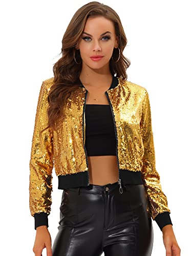 Allegra K Damen Bomberjacke Langarm Glitzer Pailletten Party Jacke Gelb M von Allegra K