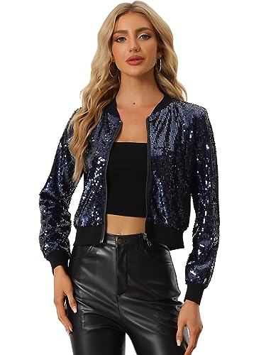 Allegra K Damen Bomberjacke Langarm Glitzer Pailletten Party Jacke Marine L von Allegra K