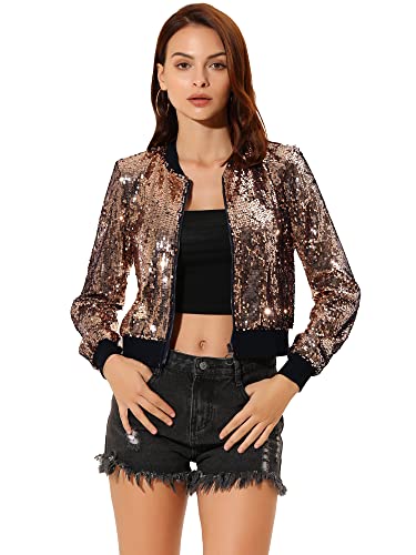 Allegra K Damen Bomberjacke Langarm Glitzer Pailletten Party Jacke Rose Gold XL von Allegra K