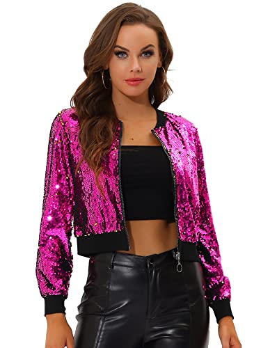 Allegra K Damen Bomberjacke Langarm Glitzer Pailletten Party Jacke Rose Rot L von Allegra K