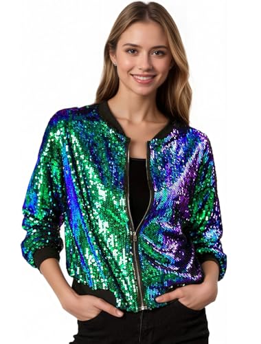 Allegra K Damen Glitzer Jacke Bomberjacke Pailletten Bomber Jacke Langarm Party Club Metallic Sequin Jacken Grün L von Allegra K