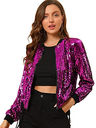 Allegra K Damen Bomberjacke mit Pailletten, glitzernd, lange Ärmel, Reißverschluss, fuchsia, Large von Allegra K