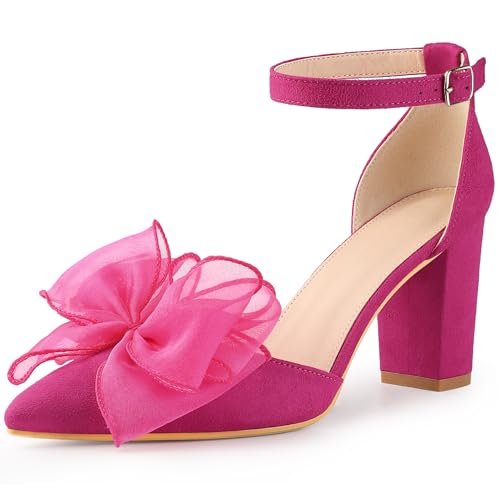 Allegra K Damen Bow-Knot Spitze Zehe Blockabsatz Pumps, Knallpink (Hot Pink), 40.5 EU von Allegra K