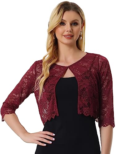 Allegra K Damen Brautjacke Bolero Festlich Kurz 3/4 Ärmel Durchsichtig Blumen Spitze Shrug Crop Cardigan Spitzebolero Burgunderrot M von Allegra K