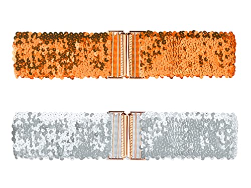 Allegra K Damen Breite Taillengürtel Interlock-Schnallen, Pailletten-Dekor, glänzende, dehnbare Gürtel, 2 Stück Orange 60cm/23.62" von Allegra K