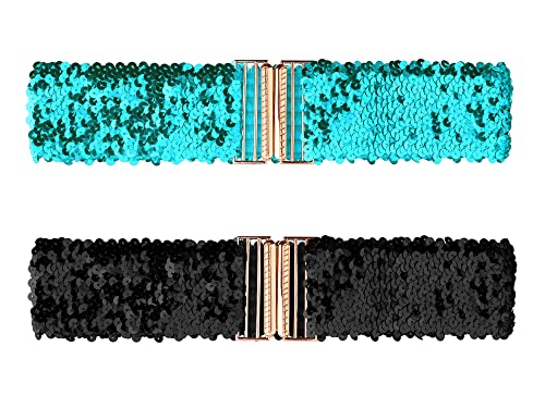 Allegra K Damen Breite Taillengürtel Interlock-Schnallen Pailletten-Dekor Glänzend Dehnbare Gürtel, 2 Stück Blau 60cm/23.62" von Allegra K