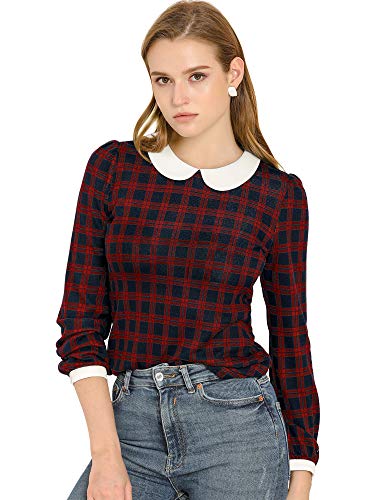 Allegra K Damen Bubikragen Bluse Oberteil Langarm Panel Elegant Kariert Shirt Rot XL von Allegra K