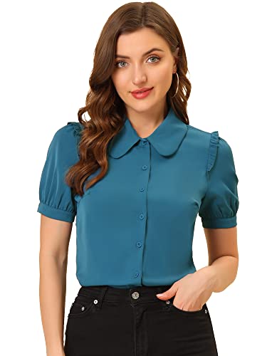 Allegra K Damen Puffärmel Bubikragen Knopfleiste Oberteil Shirt Rüschen Elegant Top Bluse Seeblau S von Allegra K