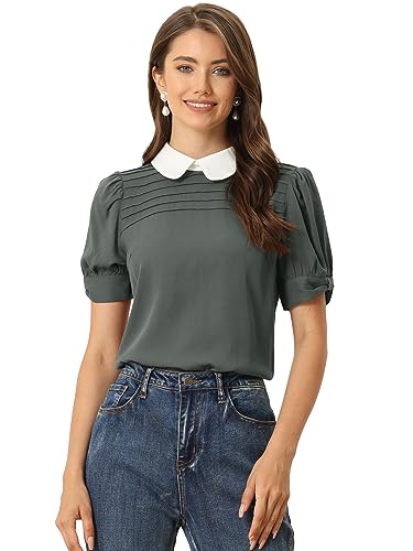 Allegra K Damen Bubikragen Kontrast Puffärmel Kurzarm Casual Elegant Bluse Top Dunkel Grau M von Allegra K