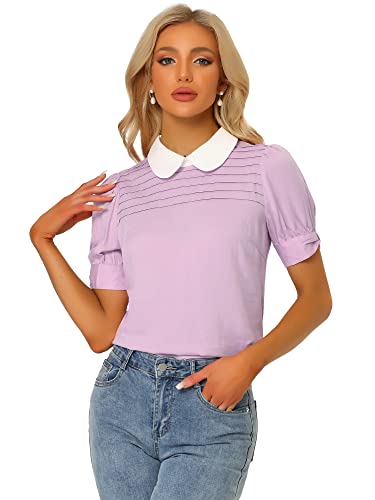 Allegra K Damen Bubikragen Kontrast Puffärmel Kurzarm Casual Elegant Bluse Top Hell Lila L von Allegra K