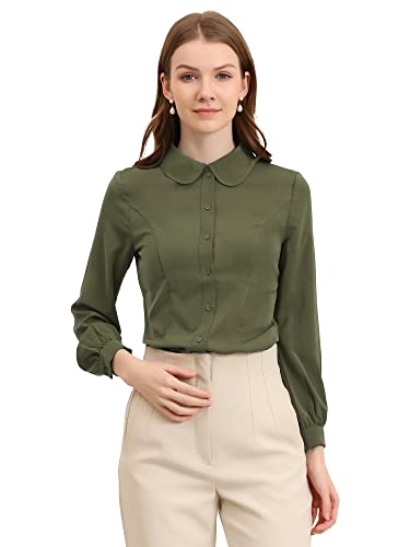Allegra K Damen Büro Bluse Langarm Bubikragen Knopfleiste Business Arbeit Lang Oberteil Shirt Armeegrün XL von Allegra K