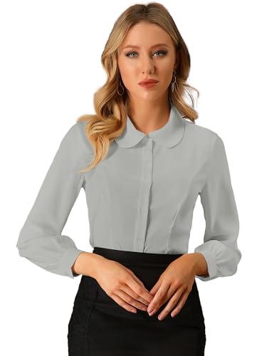 Allegra K Damen Büro Bluse Langarm Bubikragen Knopfleiste Business Arbeit Lang Oberteil Shirt Grau XL von Allegra K