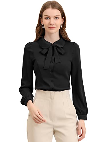 Allegra K Damen Büro Bluse Langarm Bubikragen Knopfleiste Business Arbeit Lang Oberteil Shirt Schwarz XL von Allegra K