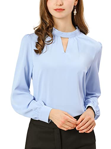 Allegra K Damen Büro Oberteil Langarm V-Ausschnitt Stehkragen Cut Out Elegante Top Bluse Blau S von Allegra K