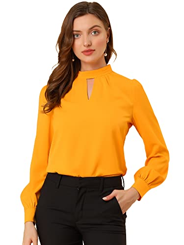 Allegra K Damen Büro Oberteil Langarm V-Ausschnitt Stehkragen Cut Out Elegante Top Bluse Helles Gelb M von Allegra K