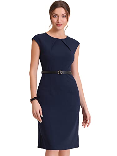 Allegra K Damen Bürokleid Ärmellos Rundhalsausschnitt Flügelärmeln Gürtel Elegant Etuikleid Kleid Dunkelblau M von Allegra K