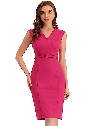 Allegra K Damen Bürokleid Ärmellos V-Ausschnitt Gürtel Elegant Bleistiftkleid Kleid Rosenrot S von Allegra K